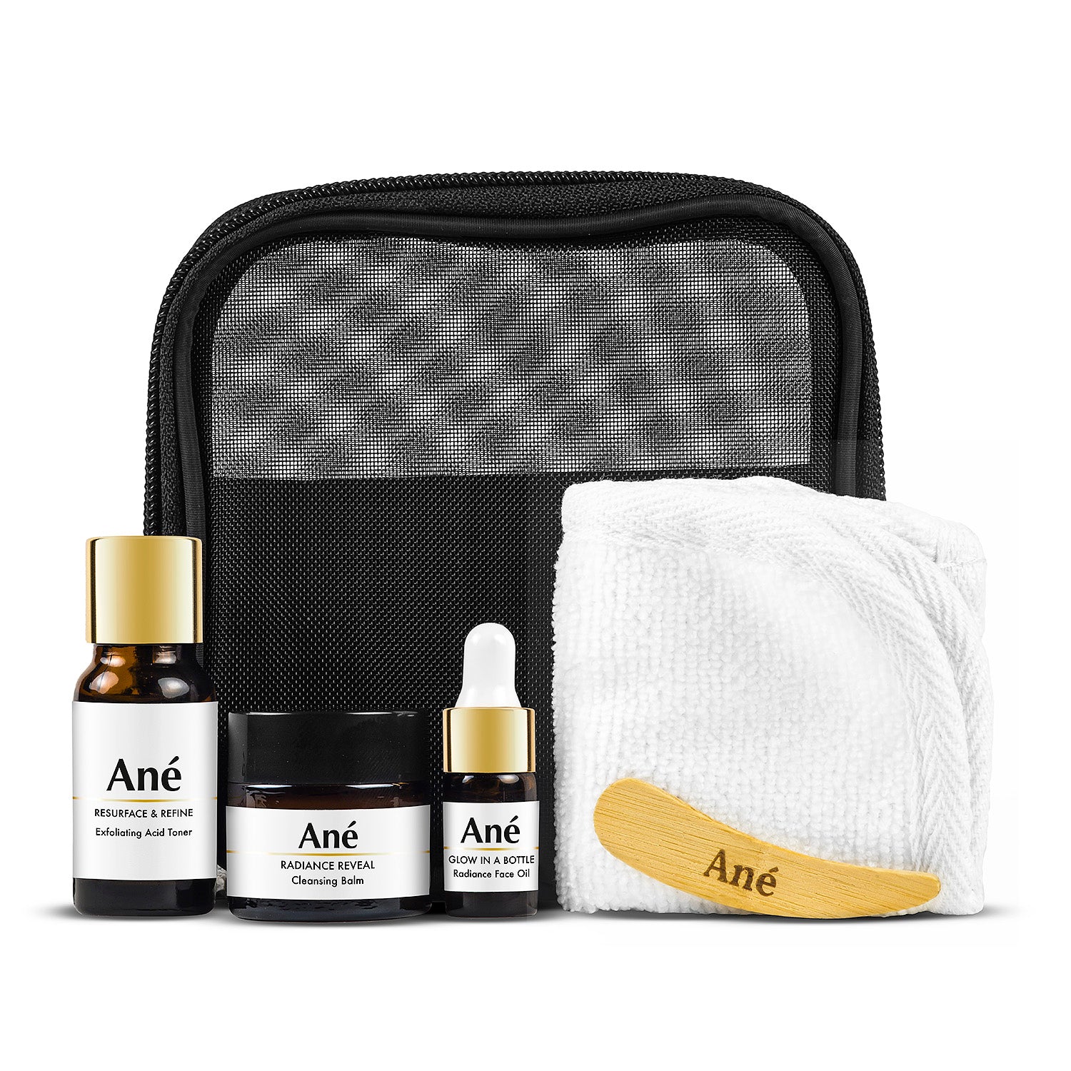 Ané Skincare Travel Discovery Set in black mesh bag with travel mini size skincare products