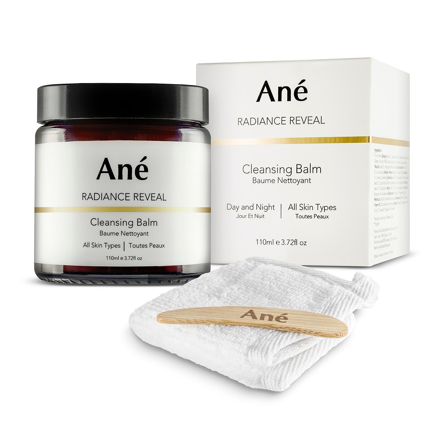 Ané Radiance Reveal Cleansing Balm skin with wooden spatula and mini double-sided muslin and microfibre travel-size face cloth.