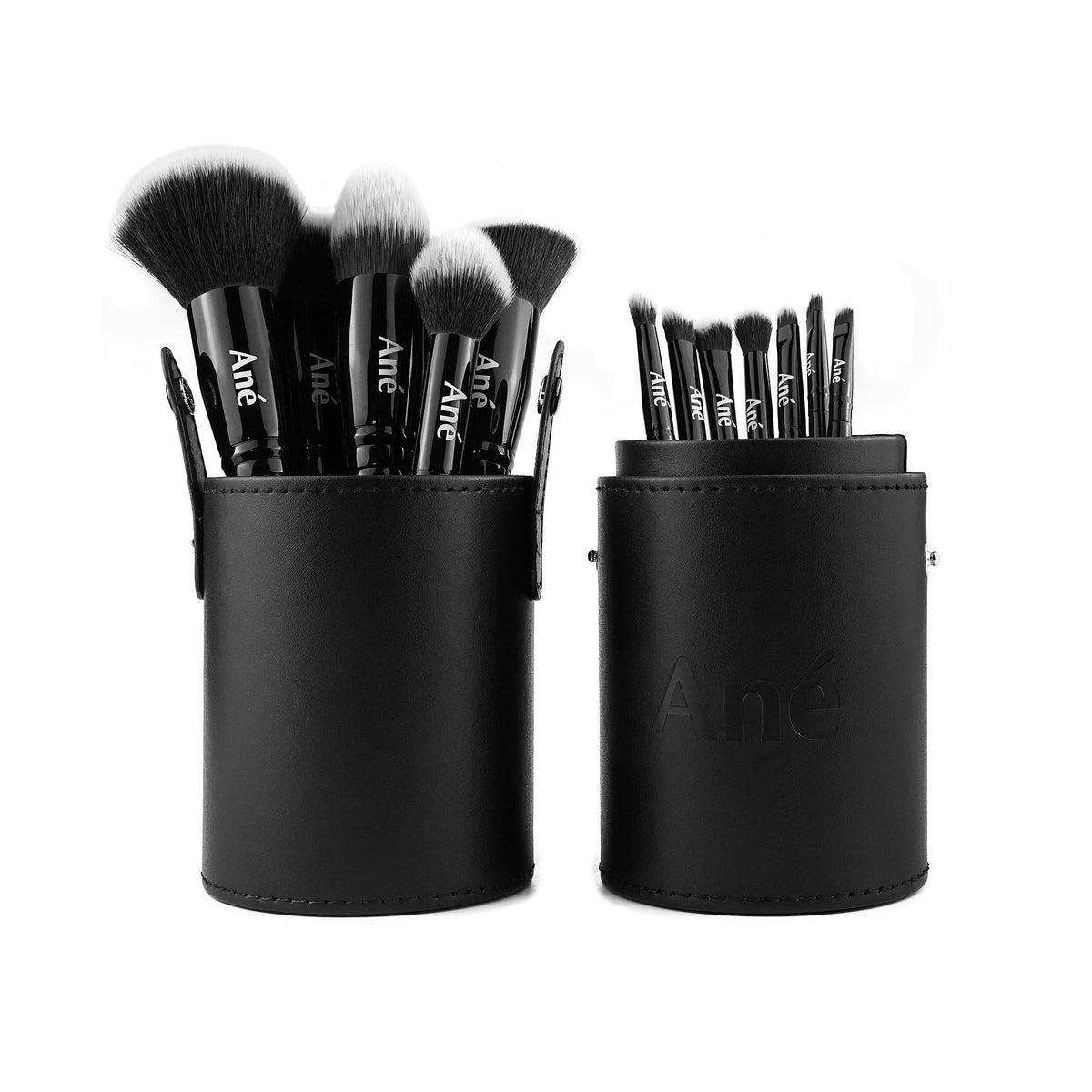 Vegan makeup brush set with black leather storage case